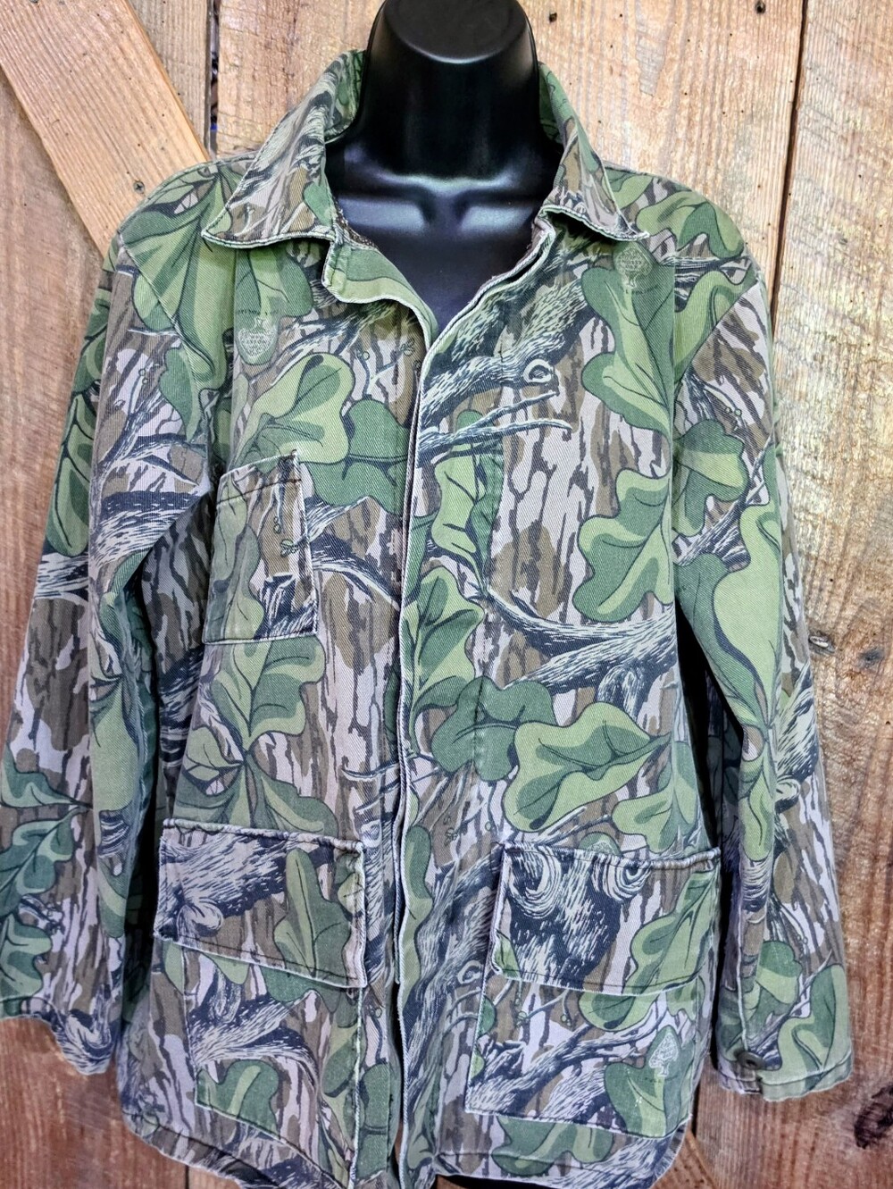 Vtg 90s Mossy Oak Full Foliage Camo Jacket 3 Pocket Hunting Chore Coat Made USA